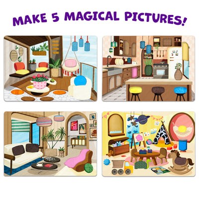 Skillmatics Fab Tabs showcase featuring four completed room scenes, including a living room, kitchen, lounge, and playroom. Each illustration is decorated with colorful fabric textures and patterns applied to furniture, décor, lighting, and accessories, highlighting the kit’s 70+ tactile fabric options.