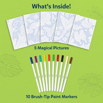 Product overview graphic on a green background titled 'What’s Inside!' showing Paint-Over Art kit contents. It features five folded sample picture cards with line-art designs and a row of ten brush-tip paint markers, labeled '5 Magical Pictures' and '10 Brush-Tip Paint Markers'.
