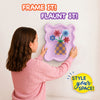 Child wearing a pink sweater hangs a completed Skillmatics Stixels Flower Vase artwork on a wall. The finished 3D design features colorful flowers and a patterned vase mounted inside a lavender decorative frame, demonstrating how the craft transforms into personalized wall décor for a bedroom or playroom.