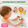 Toddler enjoying a bubble bath while assembling a colorful tiger foam puzzle in the bathtub. Matching monkey and lion foam animal puzzles stick to the wet tub wall, with extra puzzle pieces floating nearby. Green text reads “Perfectly-sized for small hands!” and a pink badge shows ages 18 months–4 years.