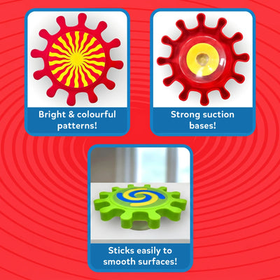 Three feature panels for Skillmatics Spinny Gears Pattern Pop on a red background. Top-left shows red gear with yellow sunburst and text "Bright and colourful patterns." Top-right shows red gear back with yellow suction cup and text "Strong suction bases." Bottom panel shows green spiral gear flat on a wooden surface with text "Sticks easily to smooth surfaces."