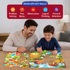 Adult and child enjoying the Skillmatics All About Farm Animals puzzle while reviewing a learning board together. A banner highlights skills developed through play, including problem solving, fine motor skills, observation, logical thinking, and focus and attention for children aged 3–7.