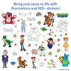 Skillmatics Toy Story My Story Art Kit sticker collection on white background. Over 100 stickers displayed including colored and outline versions of characters, decorative stars, hearts, and shape stickers. Header reads 