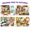 Skillmatics Fab Tabs showcase featuring four completed room scenes, including a living room, kitchen, lounge, and playroom. Each illustration is decorated with colorful fabric textures and patterns applied to furniture, décor, lighting, and accessories, highlighting the kit’s 70+ tactile fabric options.