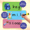 Close-up graphic showing three colorful spelling cards with illustrations: a backpack labeled “bag,” a windmill with missing letters in “mill,” and an ice cream scoop forming “scoop.” A child’s hand writes using a marker. Callouts read “Write & Wipe Cards,” “Fill in Missing Letters,” and “Bright Illustrations,” highlighting interactive phonics learning.