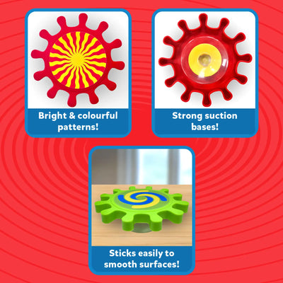 Three feature panels for Skillmatics Spinny Gears Pattern Pop on a red background. Top-left shows red gear with yellow sunburst and text "Bright and colourful patterns." Top-right shows red gear back with yellow suction cup and text "Strong suction bases." Bottom panel shows green spiral gear flat on a wooden surface with text "Sticks easily to smooth surfaces."