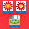 Three feature panels for Skillmatics Spinny Gears Pattern Pop on a red background. Top-left shows red gear with yellow sunburst and text 