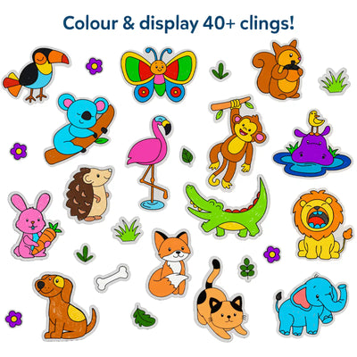 Illustration showing a wide assortment of brightly colored animal-themed static clings on a white background under the heading “Colour & display 40+ clings!” The clings include a butterfly, lion, elephant, crocodile, fox, cat, dog, squirrel, koala, flamingo, toucan, rabbit, hedgehog, monkey, and hippo, along with small leaves, flowers, bones, and grass icons, highlighting variety and creative display options.