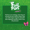 A sparkling green background frames a dark green box with the Foil Fun logo at the top and a description explaining that the kit offers a mess-free activity where children make five magnets using foil that transfers color onto the pictures. A finished butterfly magnet appears in the lower right corner, highlighting the bright foil effect.