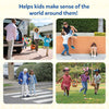 Collage from Skillmatics Picture Talk featuring four real-life situations: a family leaving home with luggage, children interacting while one child sits alone, a girl helping an older adult cross a street, and children playing outdoors. The images encourage discussion, empathy, observation, and social awareness.