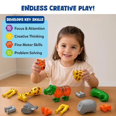 Smiling young child seated at table holding colourful snap-together animal pieces, with assembled tiger giraffe and crocodile figures shown. Text highlights endless creative play and key skills including focus, creative thinking, fine motor skills, and problem solving for ages 2–5.