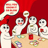 Group of people playing Dibs trivia card game with paddles and cards