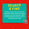 Teal Search & Find reusable activity mat with bright yellow lettering and cartoon elephant