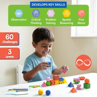 A young child happily plays with Brain Blocks at a table, stacking colorful geometric pieces and spheres into balanced structures. Above the child, icons and text highlight skill development areas including observation, critical thinking, problem solving, spatial reasoning, and fine motor skills. The scene emphasizes hands-on learning in a bright, child-friendly environment.