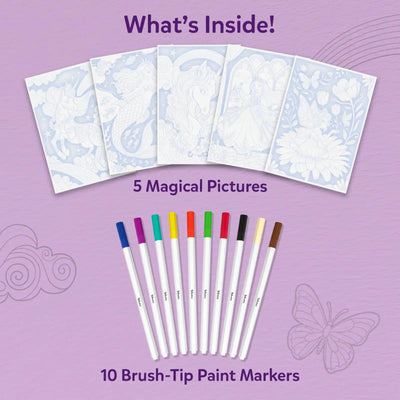 Paint-Over Art 'What's Inside' layout showing five magical themed outline art sheets arranged in a fan, alongside ten brush-tip paint markers in multiple colors. Soft purple background with title text and decorative patterns highlights kit contents for creative colouring activity.