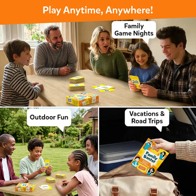 Three-panel image showing Skillmatics Family Banter being played in different settings. Top panel labeled Family Game Nights shows a family of five laughing around a dining table with cards and the game box. Bottom left labeled Outdoor Fun shows a family of three playing at a garden table. Bottom right labeled Vacations and Road Trips shows a hand packing the Family Banter box into a travel bag. Header reads Play Anytime, Anywhere.