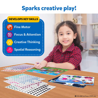 Young girl creating art with colorful Dot it! Peppa Pig sticker sheets and picture boards