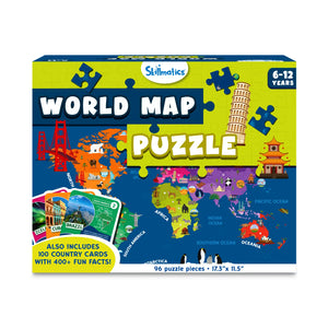 Skillmatics World Map Puzzle for ages 6-12 with 100 country cards and fun facts
