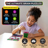 Child seated at a table assembling a Klixokubes magnetic puzzle while challenge cards and a partially completed cube structure are displayed nearby. A skills panel highlights spatial reasoning, problem solving, STEM thinking, and pattern recognition, while icons emphasize endless fun, all-ages play, and screen-free entertainment.