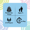 Feature overview graphic for Skillmatics Cross Over displayed in a four-panel layout. Icons highlight travel-friendly portability, suitability for ages 7 and above, support for 2–8 players, and quick 10-minute gameplay. Soft pastel contour patterns decorate the background around the information panel.