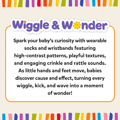Wiggle & Wonder product graphic on a beige background with colorful border accents. Text describes wearable socks and wristbands with high-contrast patterns, playful textures, crinkle and rattle sounds, and cause-and-effect sensory play that supports baby development.