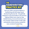 Blue informational panel for The Handwriting Practice Kit explaining its stage-based approach to building handwriting skills. The text highlights guided tracing, structured exercises, and fun activities that strengthen stroke order, muscle memory, and neat writing. Decorative graphics and a small turtle illustration add a child-friendly visual touch.