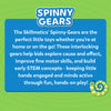 Skillmatics Spinny Gears Animal Fun product description on a green background. A blue rounded rectangle displays bold white text explaining the toy helps kids explore cause and effect, improve fine motor skills, and build early STEM concepts. 