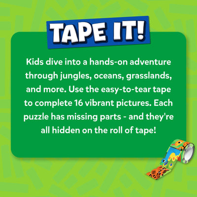 Bright green background with the Skillmatics Tape It! logo and descriptive text explaining the game: kids explore jungles, oceans, and grasslands using easy-to-tear tape to complete 16 vibrant puzzles with missing parts hidden on the tape roll. A colourful tape roll featuring animal illustrations like lions, monkeys, and frogs lies diagonally at the bottom right corner.