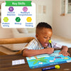 Young boy using Disney Lilo & Stitch reusable activity mat with character marker for learning