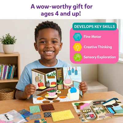 Smiling child holding a completed Fab Tabs room design board while seated at a table with fabric texture pieces and additional picture cards. A skills panel highlights fine motor development, creative thinking, and sensory exploration, presenting the activity as a gift for children ages 4 and up.