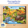 Completed 25-piece Skillmatics All About Wild Animals puzzle measuring 15.7 by 11.7 inches. The illustrated safari scene includes elephants, giraffes, lions, zebras, rhinos, deer, ostrich, bison, crocodile, leopard and other wildlife with puzzle dimensions clearly marked.
