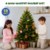 Lifestyle image of two children decorating a Christmas tree with Skillmatics Aqua Puffs 3D art ornaments. The children hang colourful handmade decorations including Santa, candy cane, bauble, teddy bear, and striped ornaments on a lit Christmas tree surrounded by wrapped gifts in a festive indoor setting.