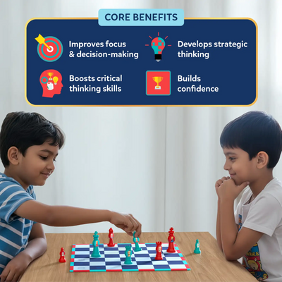 Promotional image titled “Core Benefits” showing two children playing Chess Kickoff at a table. Icons and text highlight benefits including improved focus and decision-making, critical thinking, strategic thinking, and confidence building. The scene shows thoughtful gameplay, balanced positioning, and an engaging home learning environment.