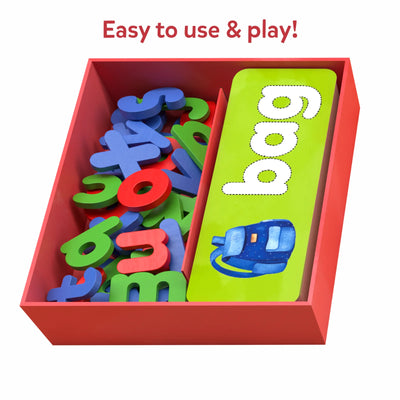 Red box with colorful letter tiles and a green flashcard with bag and backpack image