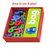 Red box with colorful letter tiles and a green flashcard with bag and backpack image