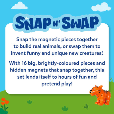 Snap N Swap educational graphic showing interchangeable magnetic animal parts. Text explains snapping pieces together to build real animals or mix funny creatures using 16 brightly coloured components, demonstrating modular imaginative construction play for preschool children.