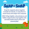 Snap N Swap educational graphic showing interchangeable magnetic animal parts. Text explains snapping pieces together to build real animals or mix funny creatures using 16 brightly coloured components, demonstrating modular imaginative construction play for preschool children.
