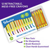 Close-up of the Skillmatics Retractable Crayons box displayed beside an open tray holding 12 crayons in assorted colors. Color swatches, product packaging, and icons highlight that the crayons are non-toxic, retractable, break-resistant, require no sharpening, and help keep hands clean.