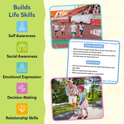 Skillmatics Picture Talk life skills overview displaying icons for self-awareness, social awareness, emotional expression, decision making, and relationship skills. Real-life photo cards show children running in a race and an adult helping a child learn roller skating, alongside guided discussion prompts.