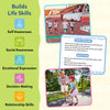 Skillmatics Picture Talk life skills overview displaying icons for self-awareness, social awareness, emotional expression, decision making, and relationship skills. Real-life photo cards show children running in a race and an adult helping a child learn roller skating, alongside guided discussion prompts.