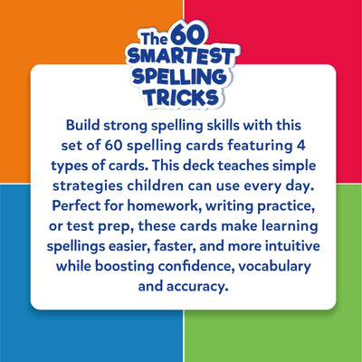 Informational panel for Skillmatics “The 60 Smartest Spelling Tricks” featuring the product logo at the top and a centered white text box. The text explains that the set includes 60 spelling cards across four types and supports everyday spelling strategies. The background is divided into bold orange, red, blue, and green sections reflecting the card categories.