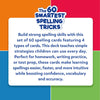 Informational panel for Skillmatics “The 60 Smartest Spelling Tricks” featuring the product logo at the top and a centered white text box. The text explains that the set includes 60 spelling cards across four types and supports everyday spelling strategies. The background is divided into bold orange, red, blue, and green sections reflecting the card categories.