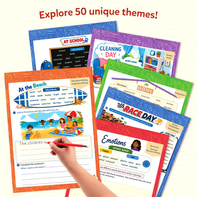Sentence Sprouts activity pages fanned out showing six themes: At School, Cleaning Day, At the Beach, At Home, Race Day, and Emotions. Child's hand writes on the beach worksheet. Prompts cover descriptive, imaginative writing, synonyms, and tenses. Text: Explore 50 unique themes.