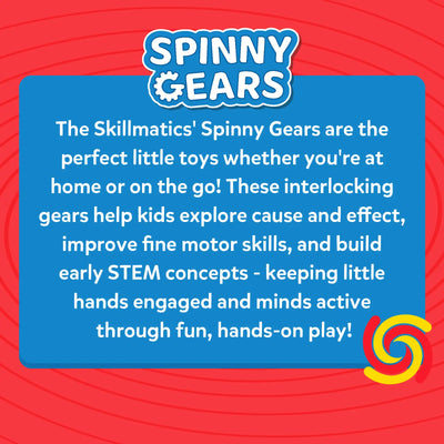 Skillmatics Spinny Gears Pattern Pop product description on a red background. A blue rounded rectangle displays bold white text explaining the toy helps kids explore cause and effect, improve fine motor skills, and build early STEM concepts. "Spinny Gears" logo sits at the top. A red, blue, and yellow tri-color spiral illustration appears at the bottom right.