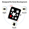 Skillmatics High Contrast Crinklers panel titled Designed for Early Development, with a central black cloth crinkler showing white star patterns and a red accent star. A dotted arc connects icons for Sight (eye), Sound (speaker), and Touch (hand), showing multisensory development.