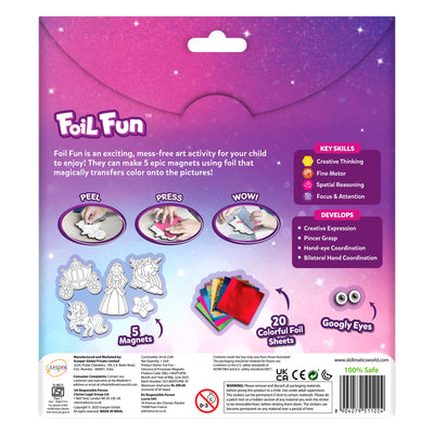 The back of the Foil Fun package features a pink-to-purple gradient with the logo and description at the top. Three circular images labeled Peel, Press, and Wow show the crafting steps. Below are outlined shapes of the five magnets, a stack of 20 colorful foil sheets, and two googly eyes. A skills panel highlights creative thinking, fine motor, spatial reasoning, focus, creative expression, pincer grasp, and coordination. Safety icons and manufacturing details appear at the bottom.
