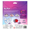 The back of the Foil Fun package features a pink-to-purple gradient with the logo and description at the top. Three circular images labeled Peel, Press, and Wow show the crafting steps. Below are outlined shapes of the five magnets, a stack of 20 colorful foil sheets, and two googly eyes. A skills panel highlights creative thinking, fine motor, spatial reasoning, focus, creative expression, pincer grasp, and coordination. Safety icons and manufacturing details appear at the bottom.