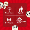 Red-themed graphic for Dibs Exciting Trivia Card Game ages 8+ with details on players and play time