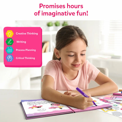 Young girl drawing in pink-bound My Storybook Art Kit with purple marker for ages 5-10