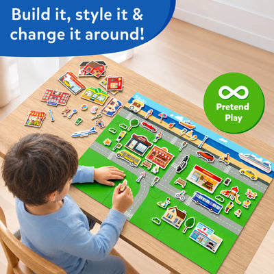 Magnetic play mat with magnetic pieces creating a colorful town scene for kids ages 3-7